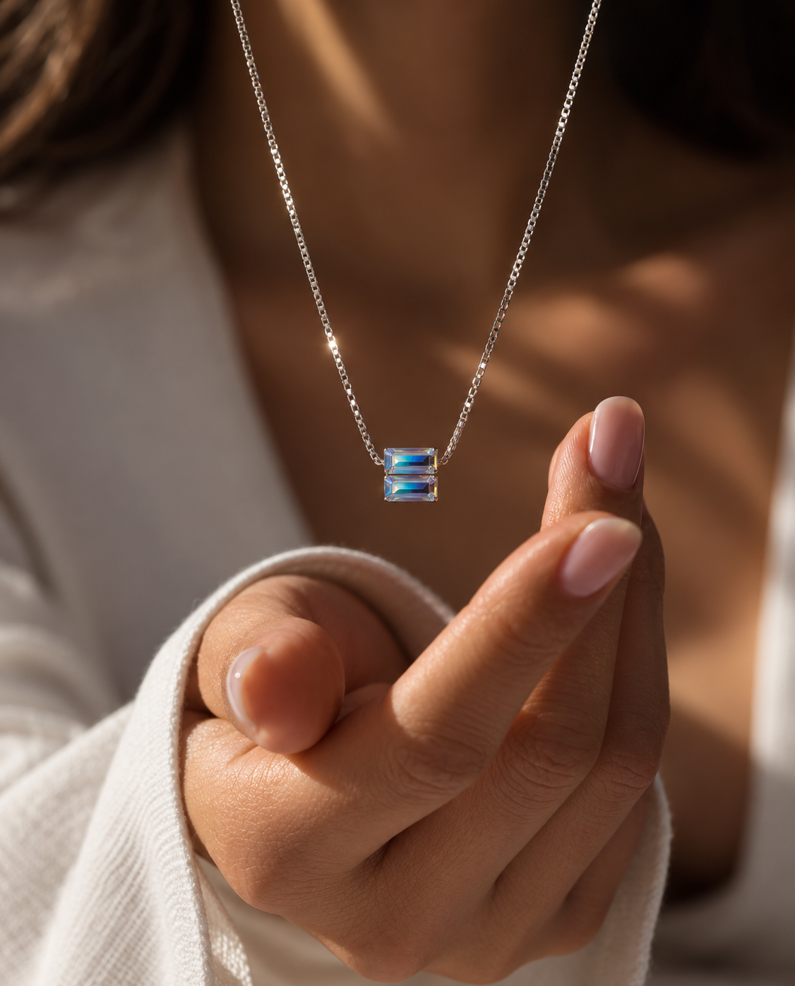Iridescent Baguette Pendant Necklace in 925 Sterling Silver