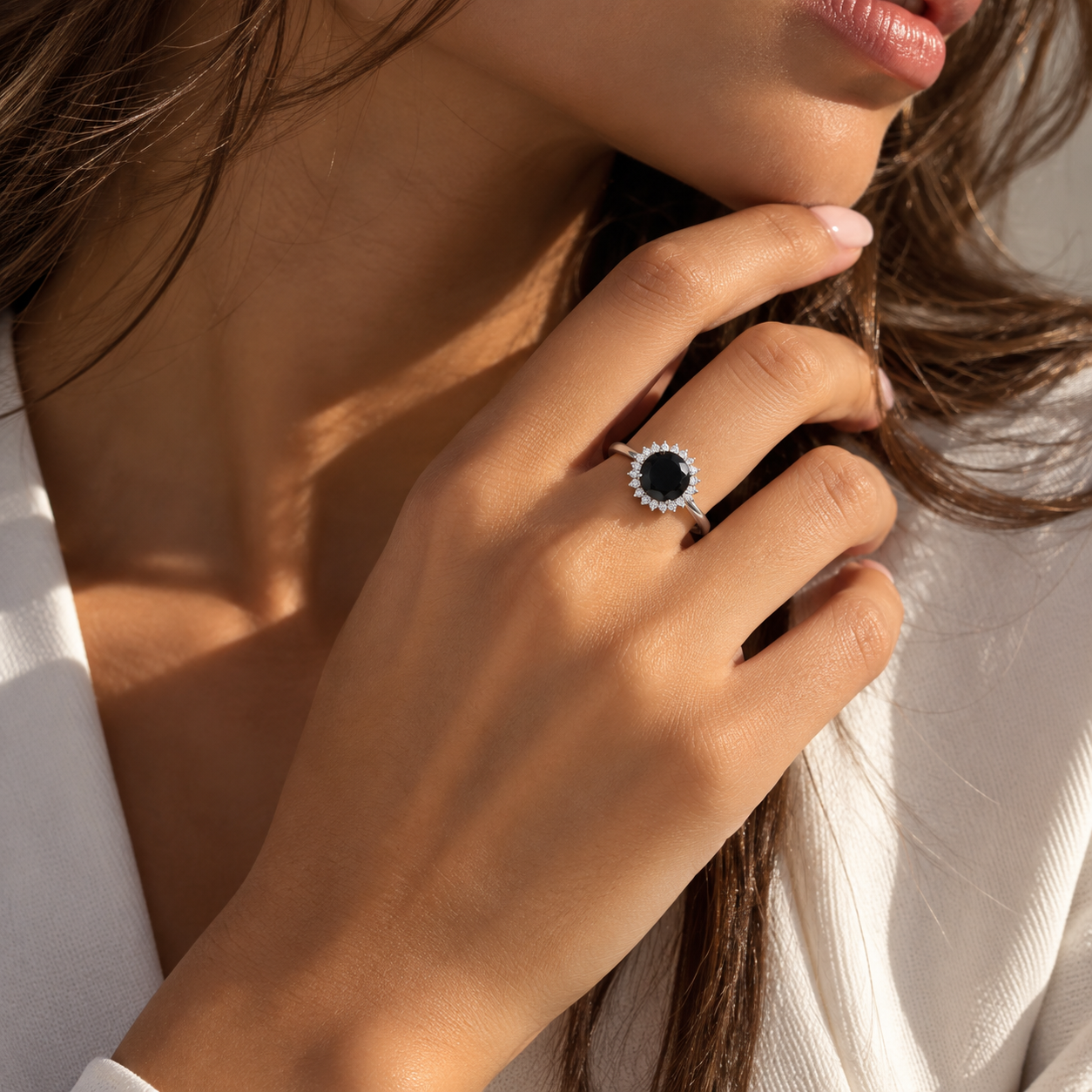 Silver Halo Ring with Black Zircon Stone