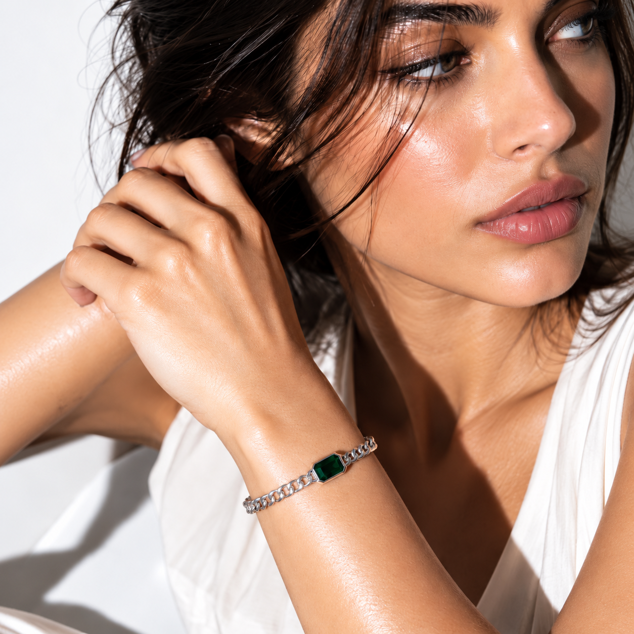 Emerald-Cut Green Ziricon Gourmette Bracelet – 925 Sterling Silver 4mm