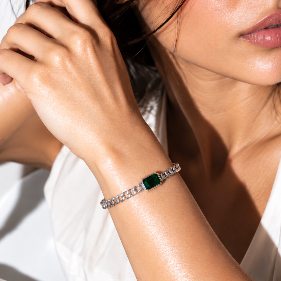 Emerald-Cut Green Ziricon Gourmette Bracelet – 925 Sterling Silver 4mm