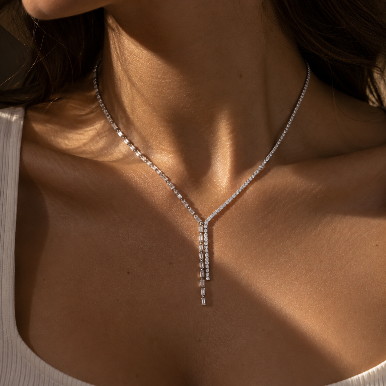 Baguette-Cut Zircon Y-Drop Tennis Necklace in 925 Sterling Silver – 2mm