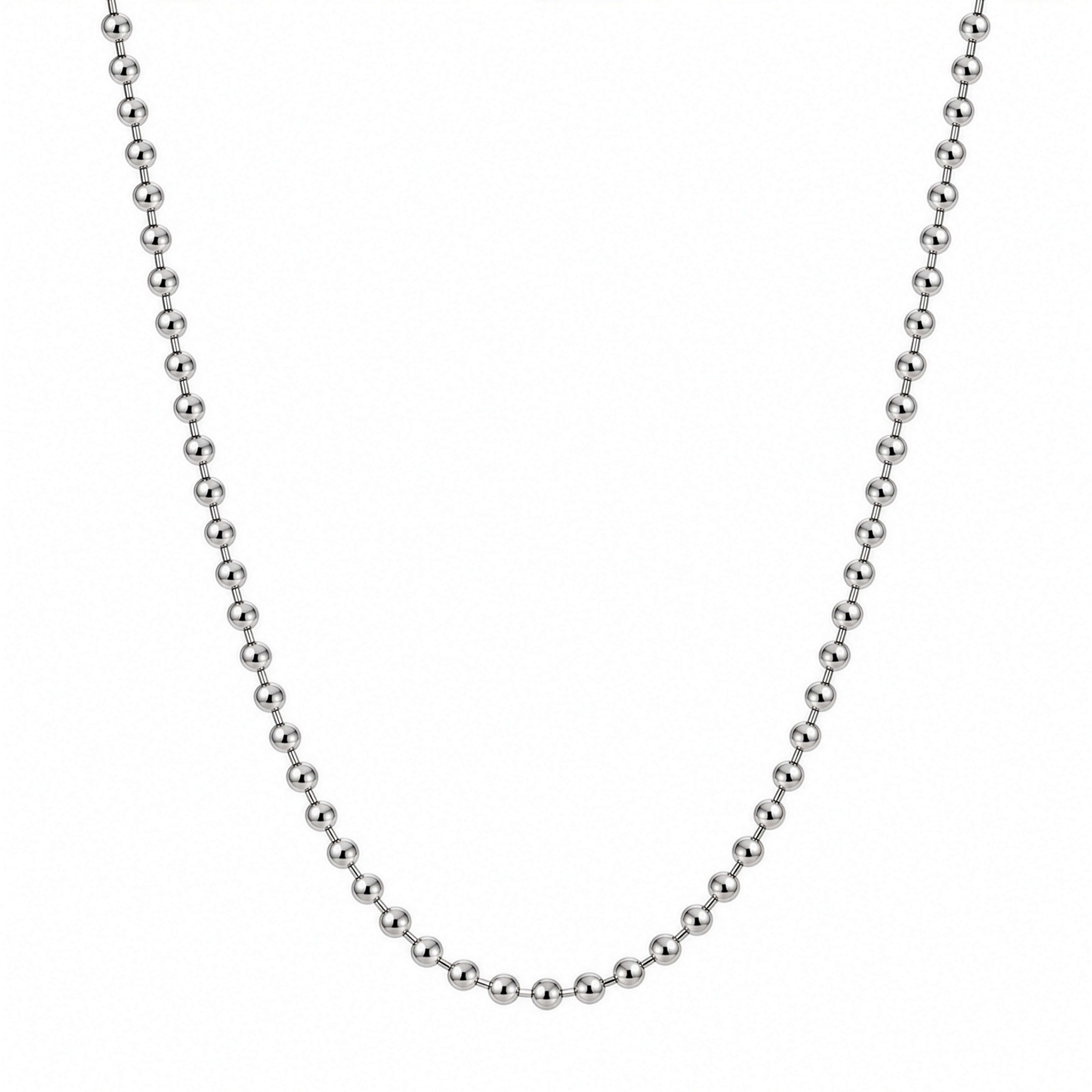 A silver ball chain necklace shown against a plain white background.