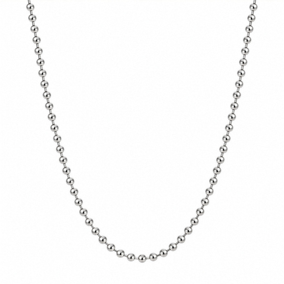 A silver ball chain necklace shown against a plain white background.