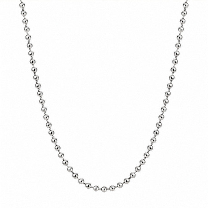 A silver ball chain necklace shown against a plain white background.