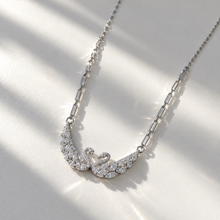 Eternal Love Dual Swan Necklace - 925 Sterling Silver Pavé Statement Piece