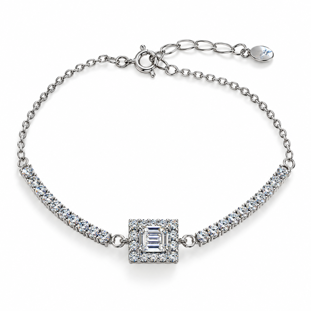 Silver Tennis Bracelet with Baguette Centerpiece – 925 Sterling Silver
