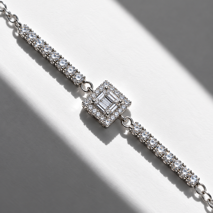 Silver Tennis Bracelet with Baguette Centerpiece – 925 Sterling Silver
