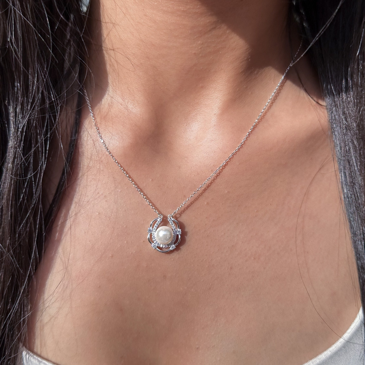 Pearl Halo Silver Necklace – 925 Sterling Silver
