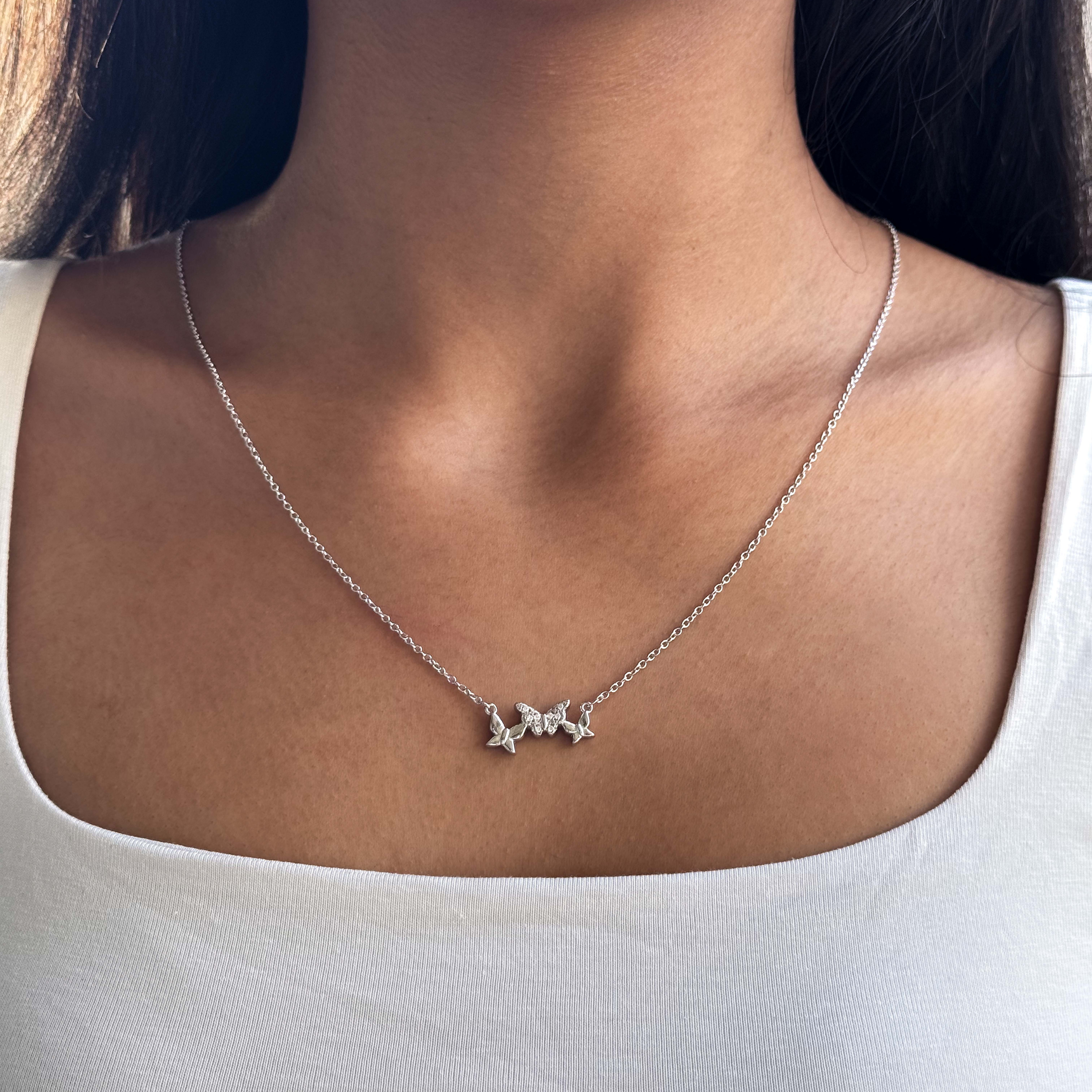 925 Sterling Silver Triple Butterfly Necklace