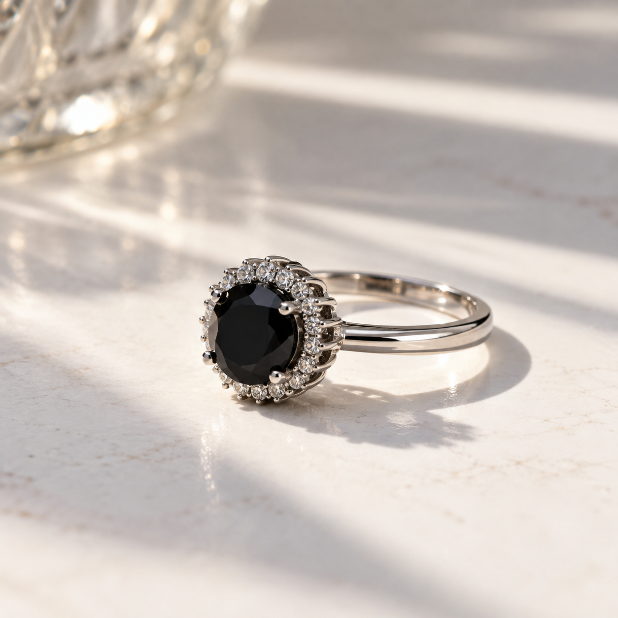 Silver Halo Ring with Black Zircon Stone