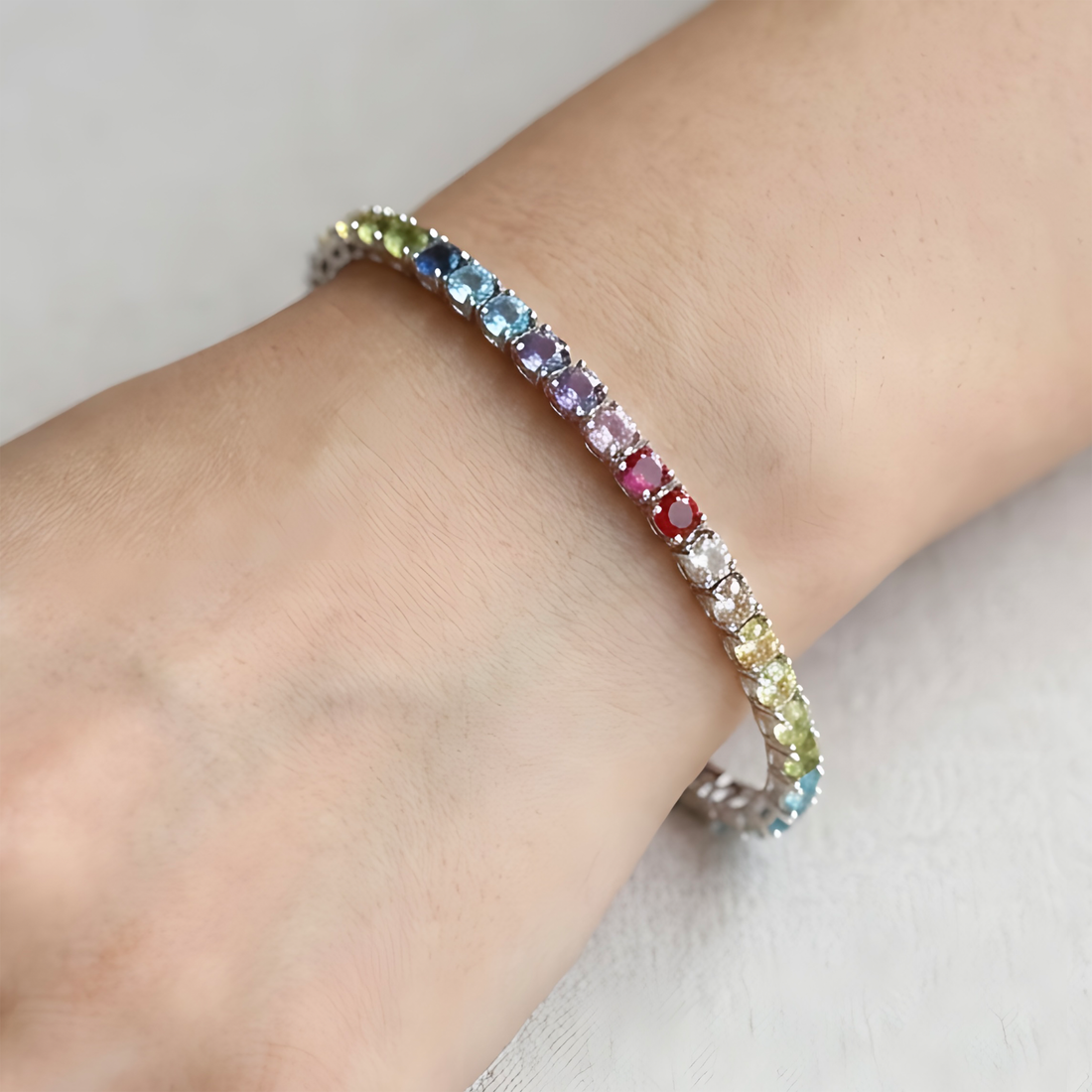 Rainbow Tennis Bracelet – Sterling Silver 925 Multicolor Stones, 3mm