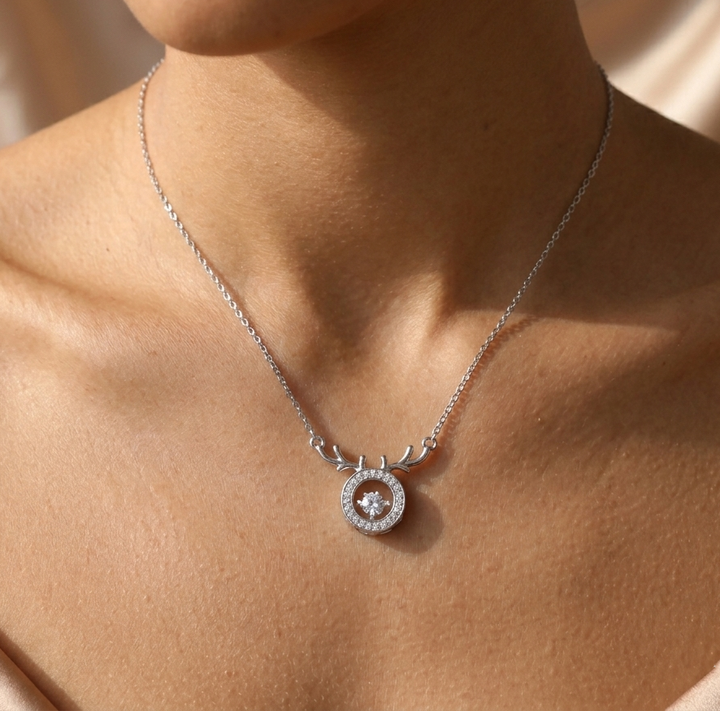 Dancing Stone Reindeer Antler Necklace - 925 Sterling Silver Halo Pendant