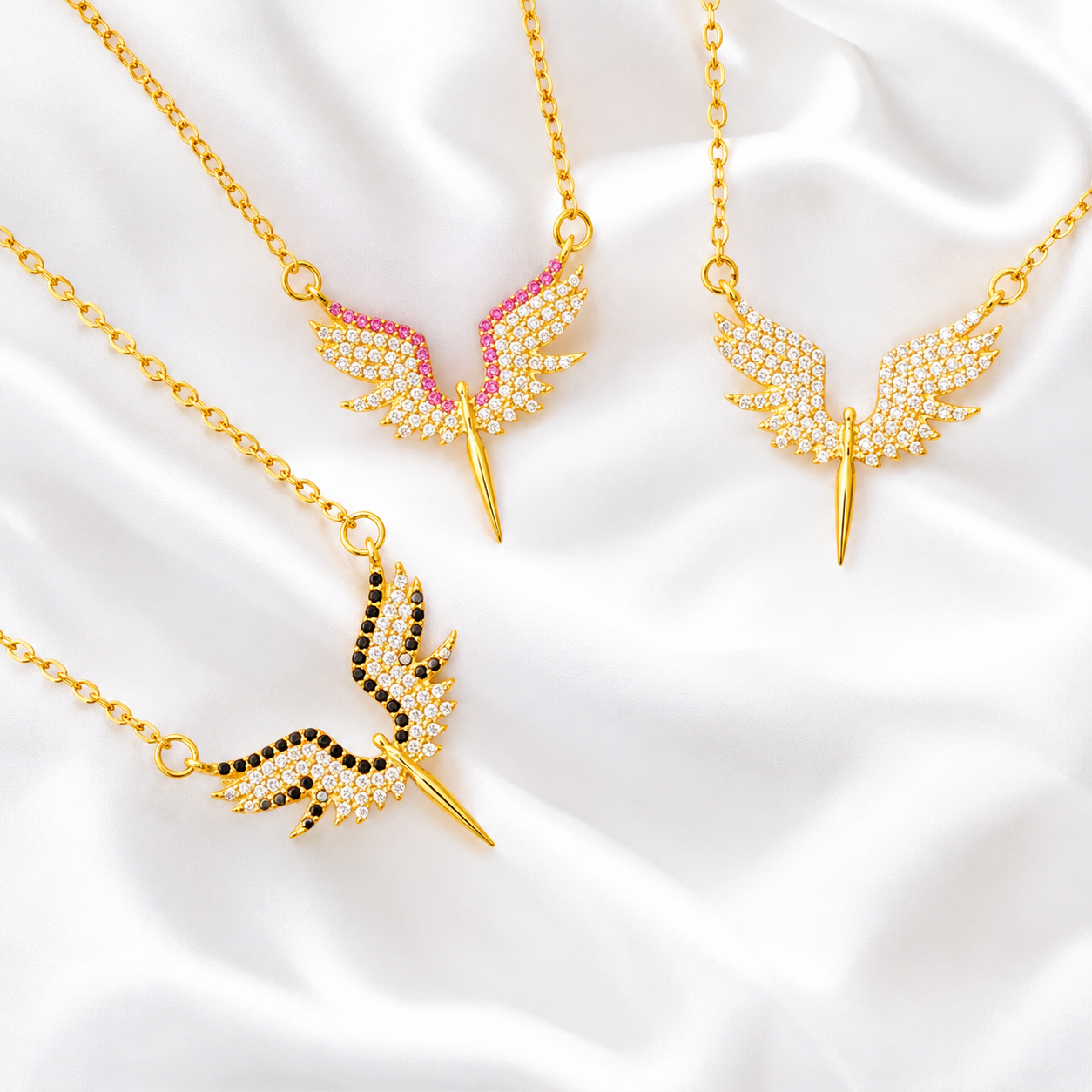 925 Sterling Silver Angel Wings Crystal Necklace – Gold - Width 2cm