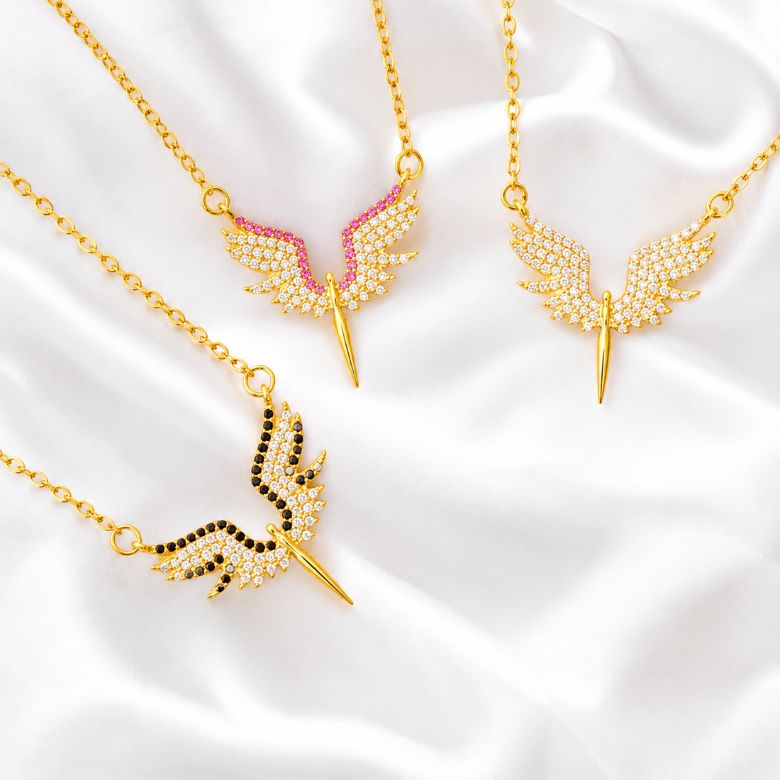 925 Sterling Silver Angel Wings Crystal Necklace – Gold - Width 2cm