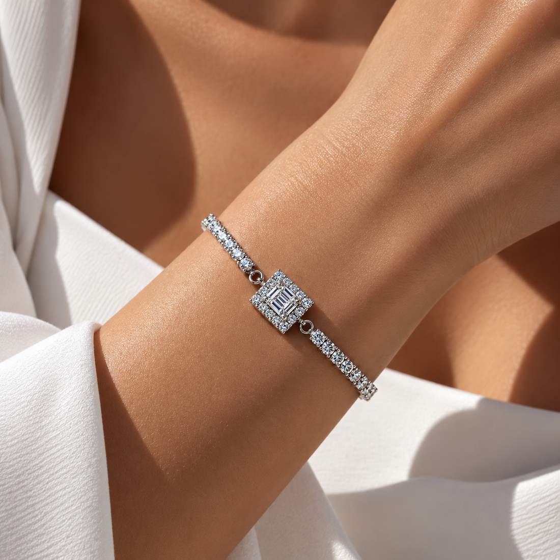 Silver Tennis Bracelet with Baguette Centerpiece – 925 Sterling Silver