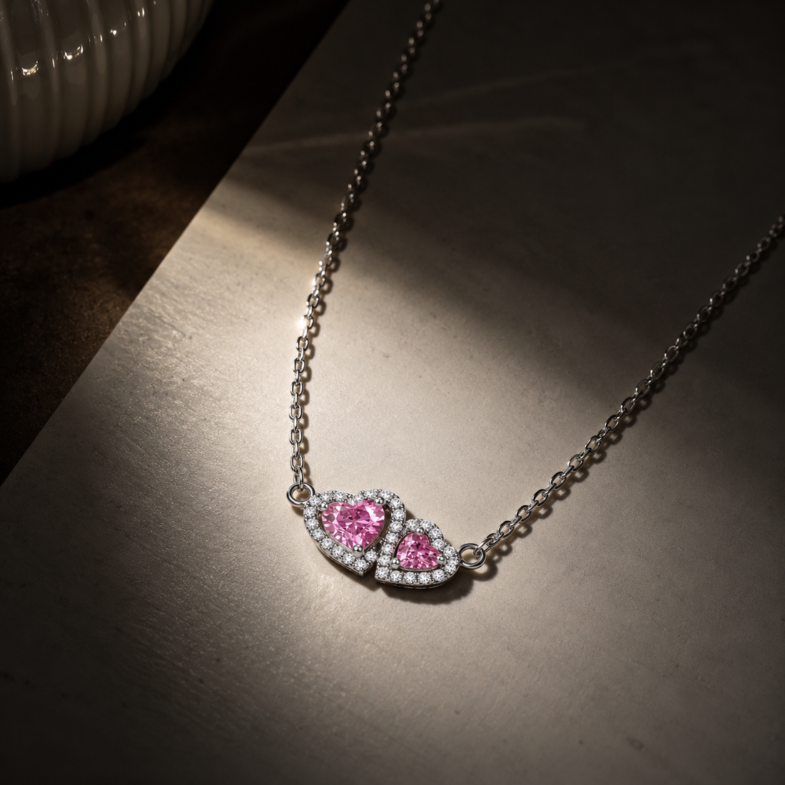 925 Sterling Silver Double Pink Heart Necklace