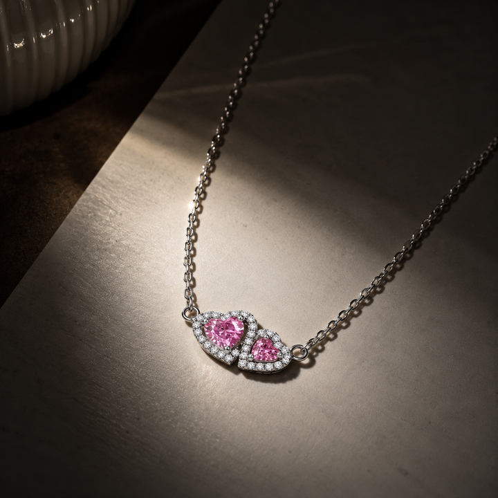 925 Sterling Silver Double Pink Heart Necklace