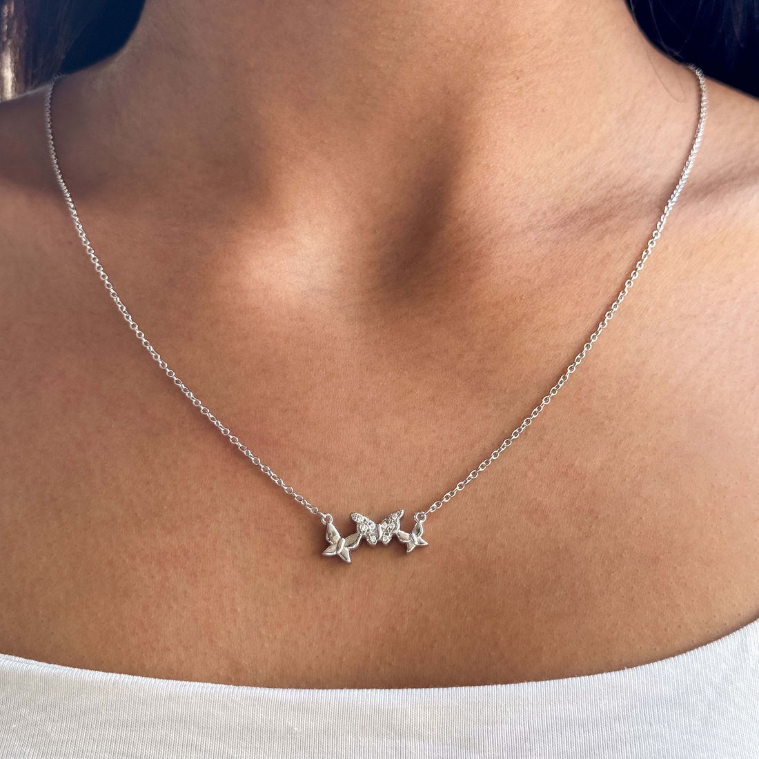 925 Sterling Silver Triple Butterfly Necklace