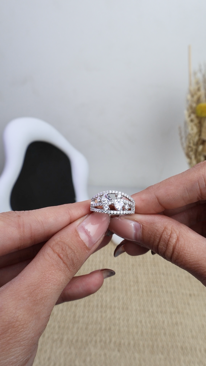925 Sterling Silver Multi-Stone Open Design Ring – Elegant Crystal Statement Ring