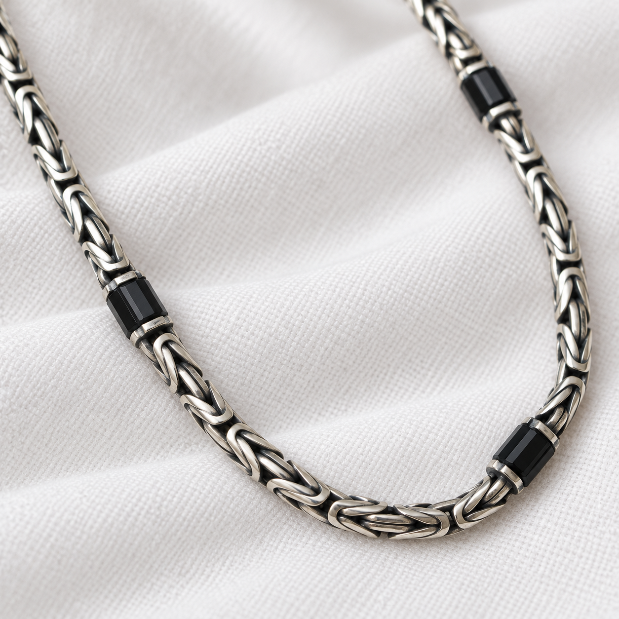 Byzantine Oxidized Silver Chain - Black Onyx Stone – 4mm - 54cm