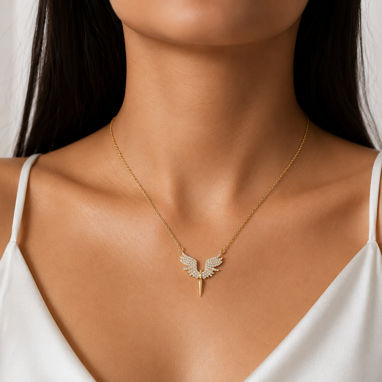 925 Sterling Silver Angel Wings Crystal Necklace – Gold - Width 2cm