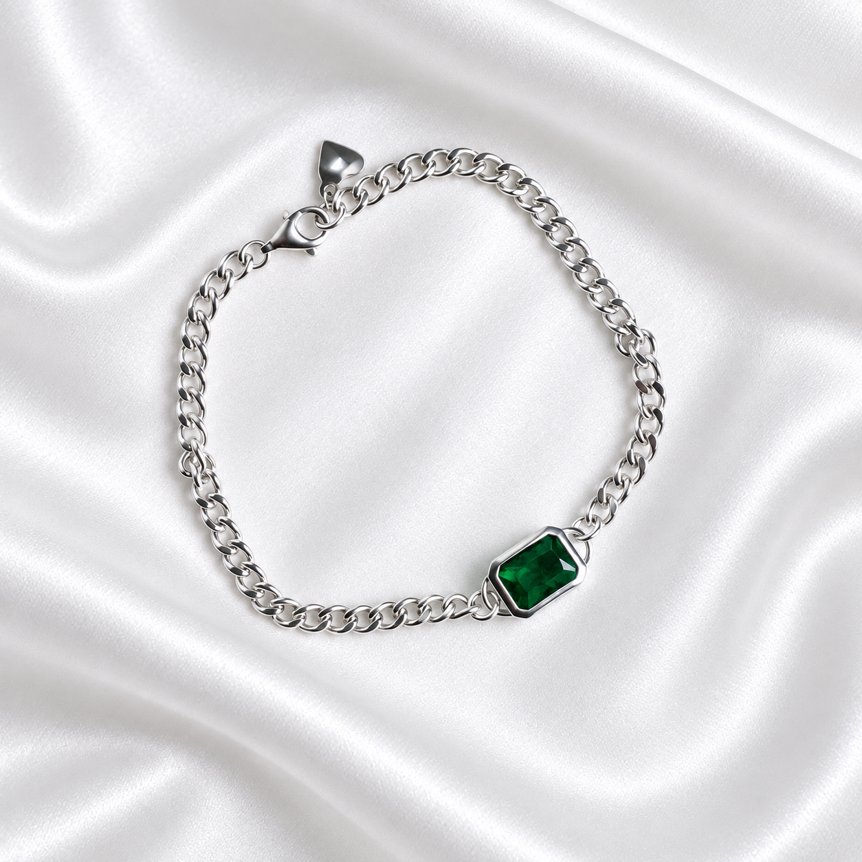Emerald-Cut Green Ziricon Gourmette Bracelet – 925 Sterling Silver 4mm