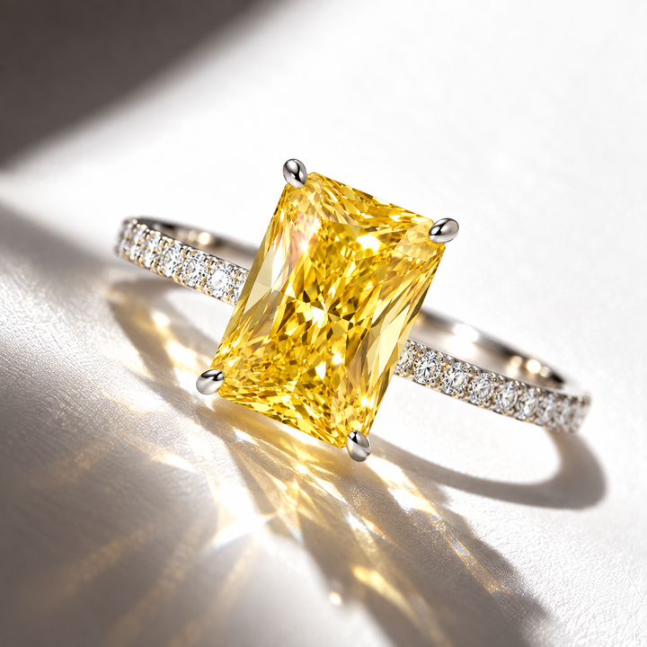 Radiant-Cut Citrine-Yellow Zircon Ring in 925 Sterling Silver