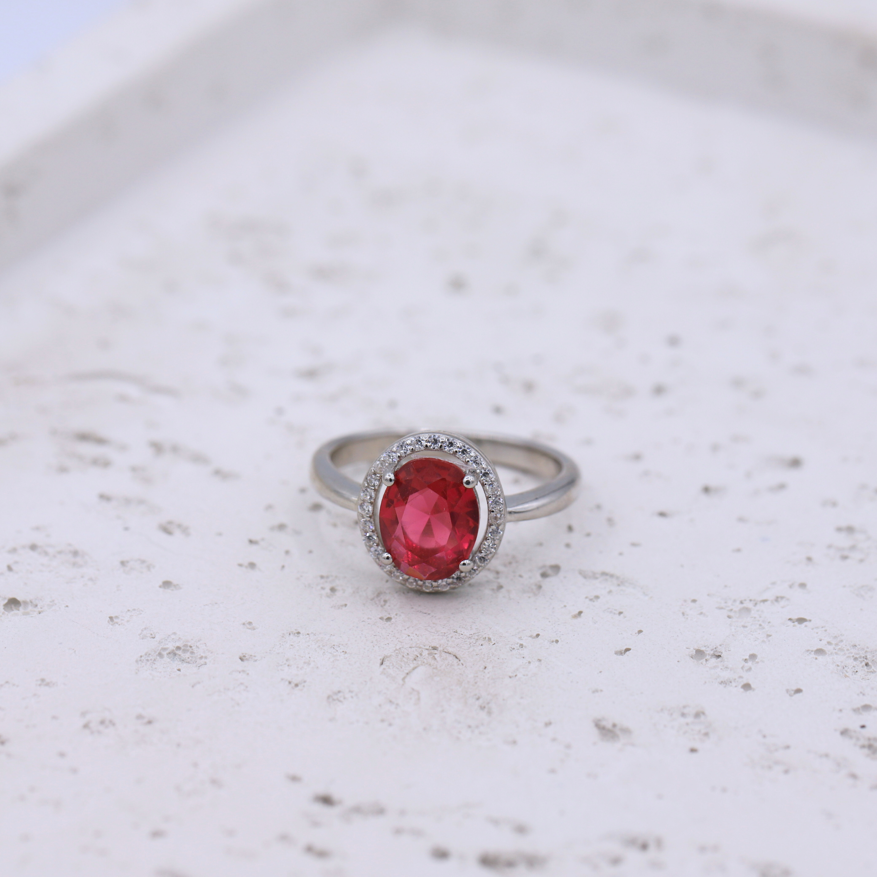Silver Red Halo Ring - Sterling Silver 925
