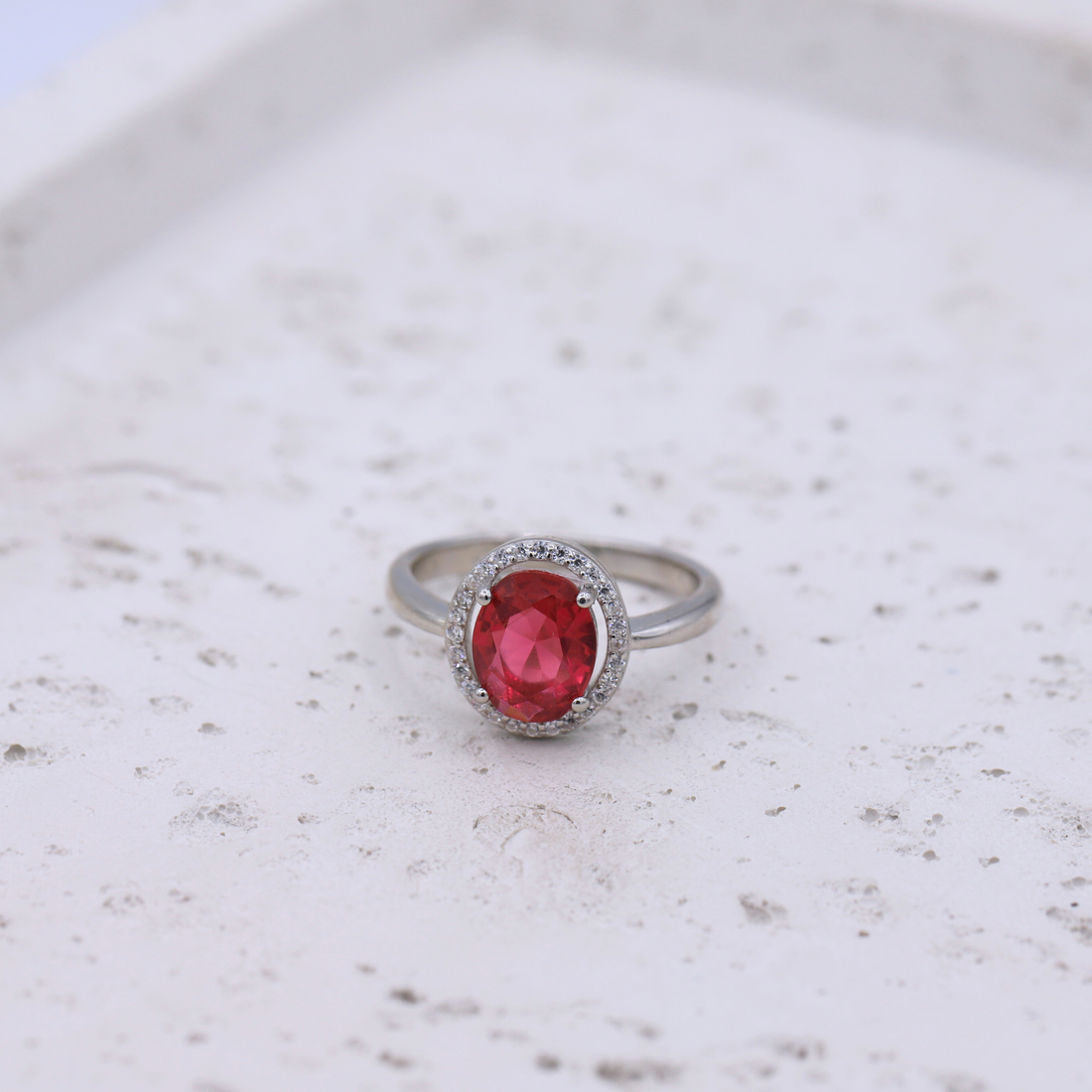 Silver Red Halo Ring - Sterling Silver 925