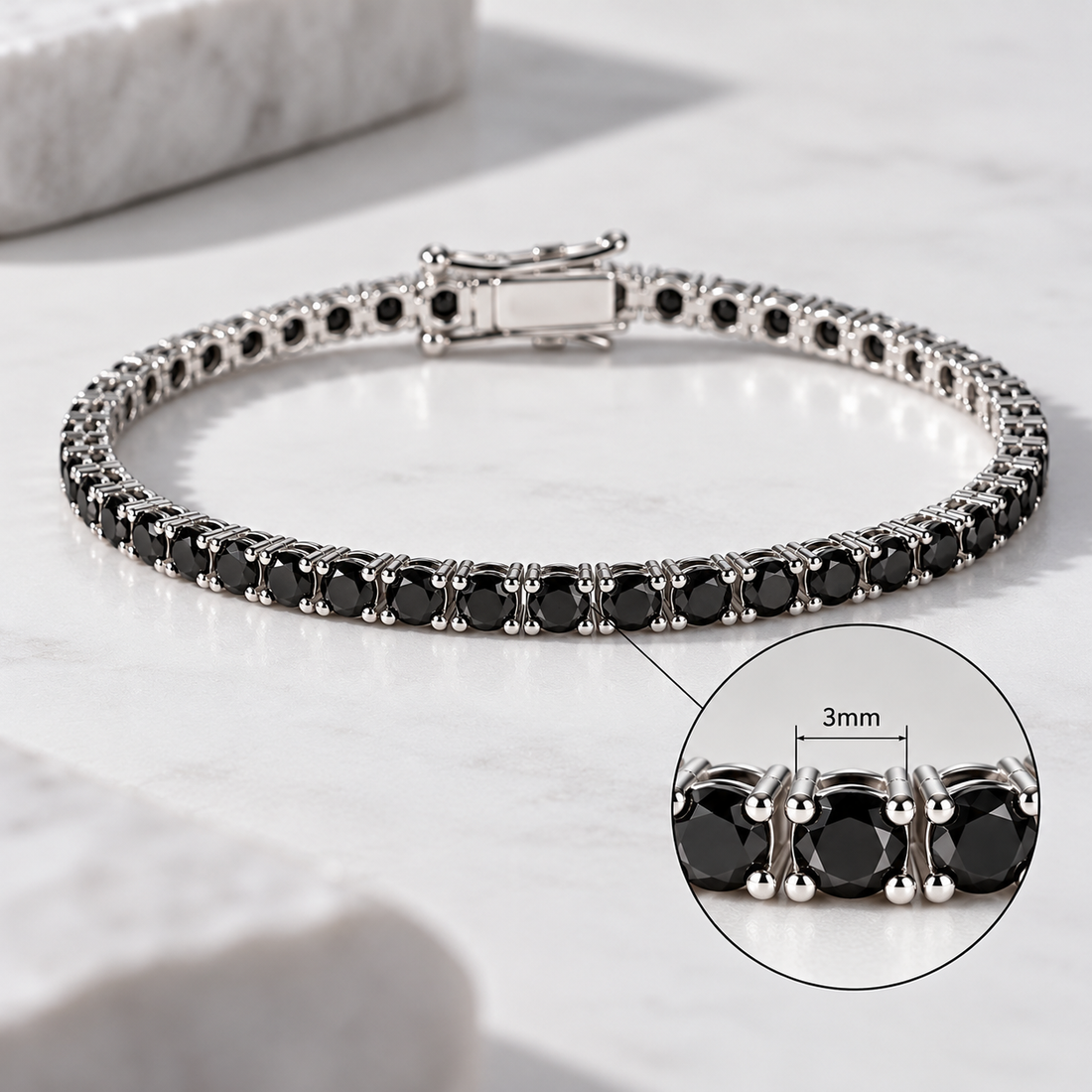 Black Stone Tennis Bracelet in 925 Sterling Silver – 3mm