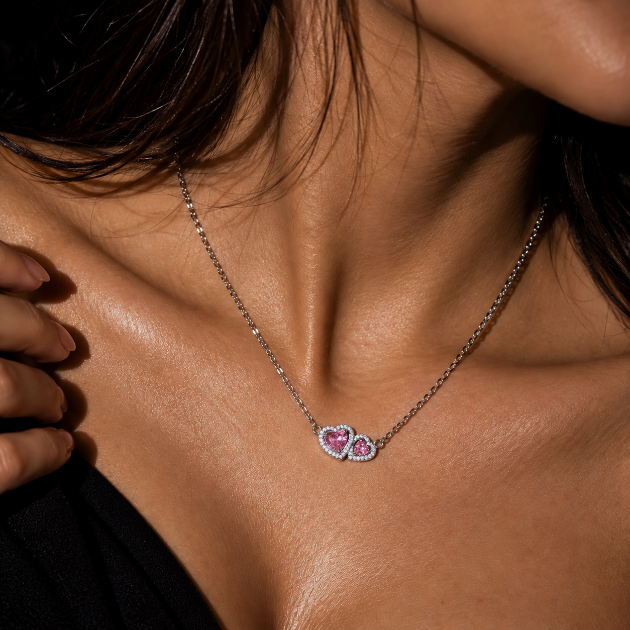 925 Sterling Silver Double Pink Heart Necklace