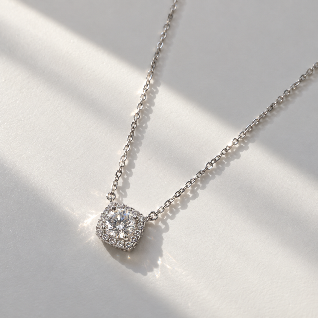 Classic Cushion-Cut Halo Pendant Necklace - 925 Sterling Silver
