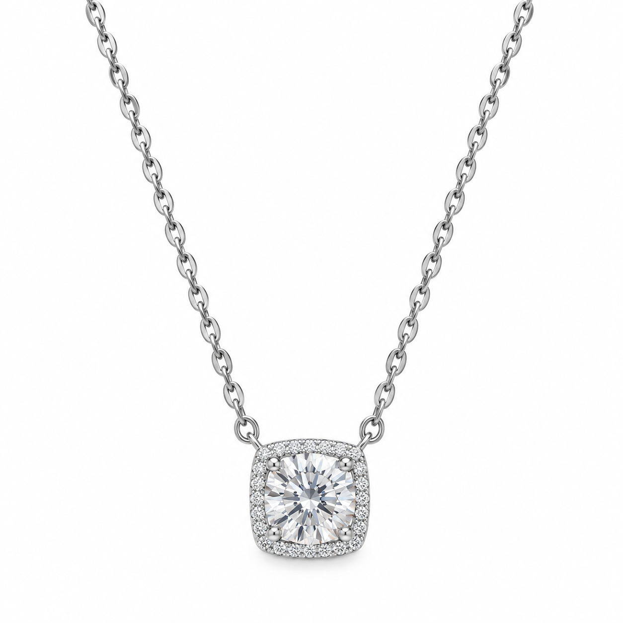 Classic Cushion-Cut Halo Pendant Necklace - 925 Sterling Silver