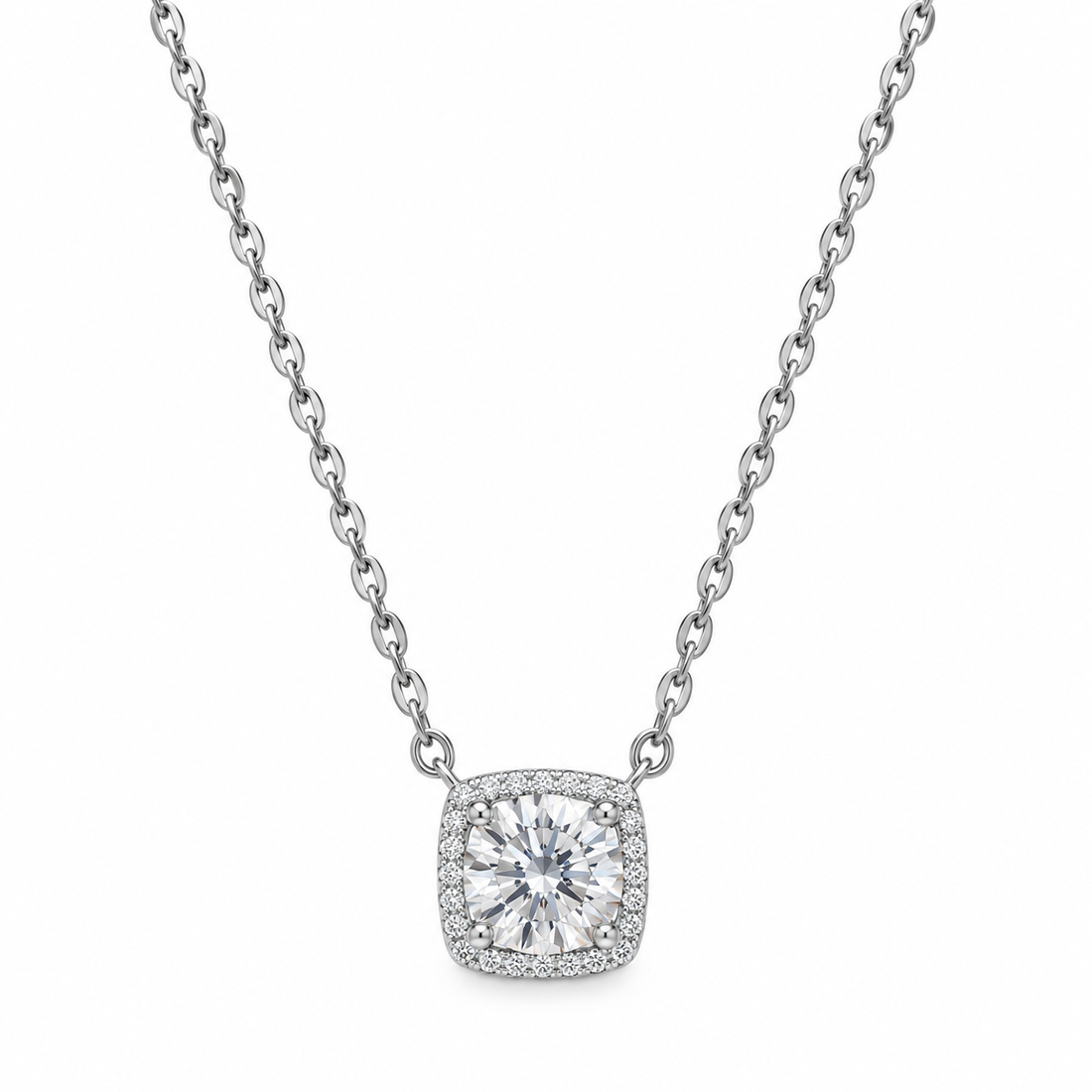 Classic Cushion-Cut Halo Pendant Necklace - 925 Sterling Silver