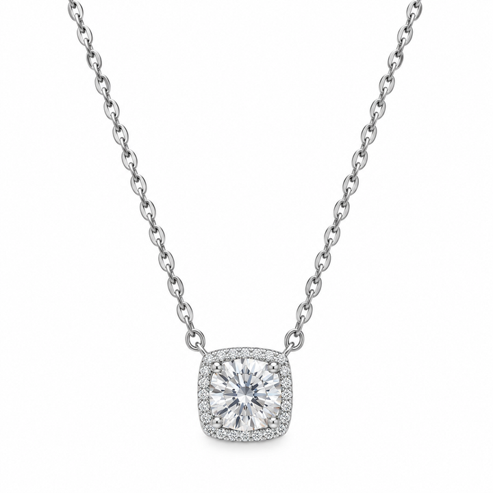 Classic Cushion-Cut Halo Pendant Necklace - 925 Sterling Silver