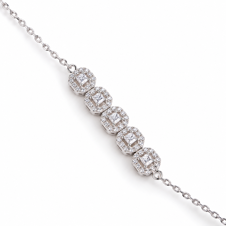 Shimmering Quintet Halo Bracelet – 925 Sterling Silver Radiant Solitaire Sequence