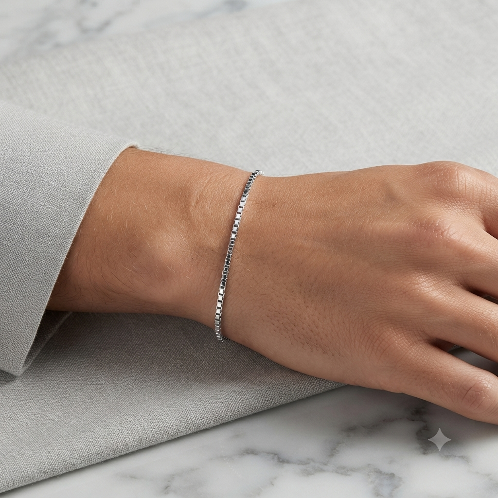 925 Sterling Silver Box Chain Bracelet for Men | Minimalist Square Link Bracelet | Modern Everyday Style