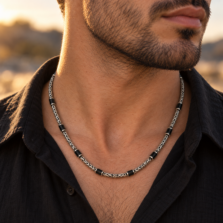Byzantine Oxidized Silver Chain - Black Onyx Stone – 4mm - 54cm