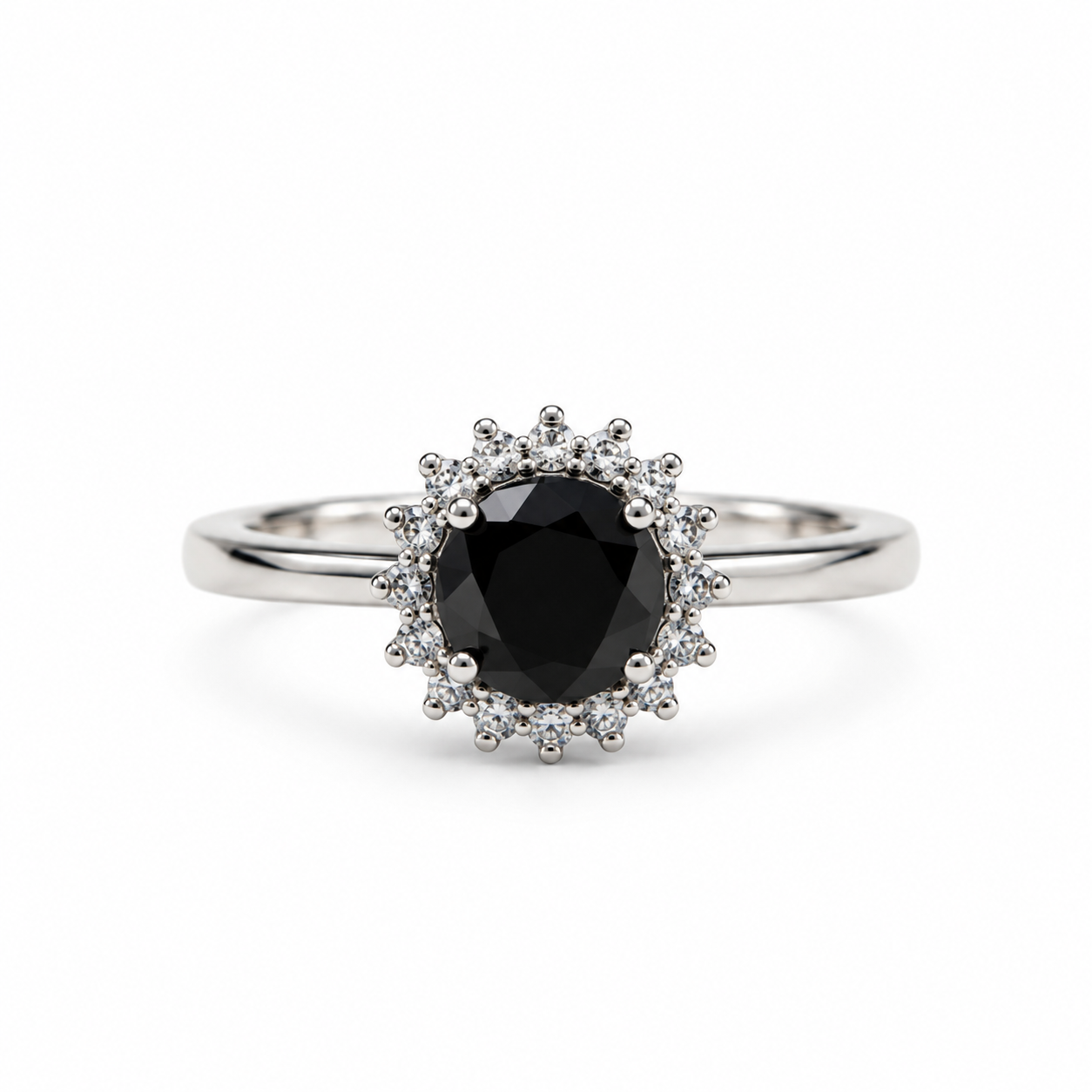Silver Halo Ring with Black Zircon Stone
