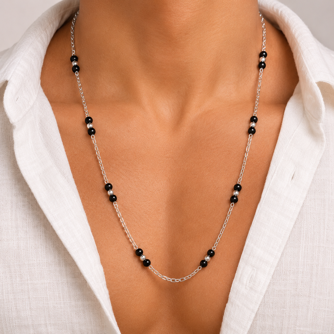 925 Sterling Silver Men’s Chain Necklace with Black Beads