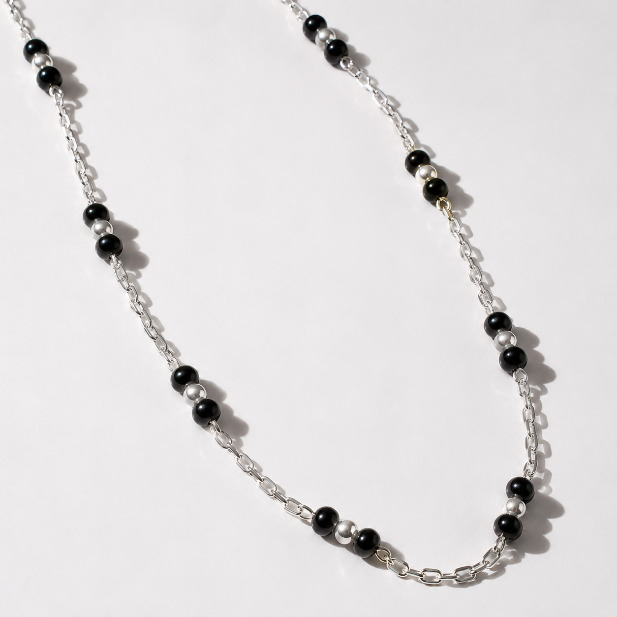 925 Sterling Silver Men’s Chain Necklace with Black Beads