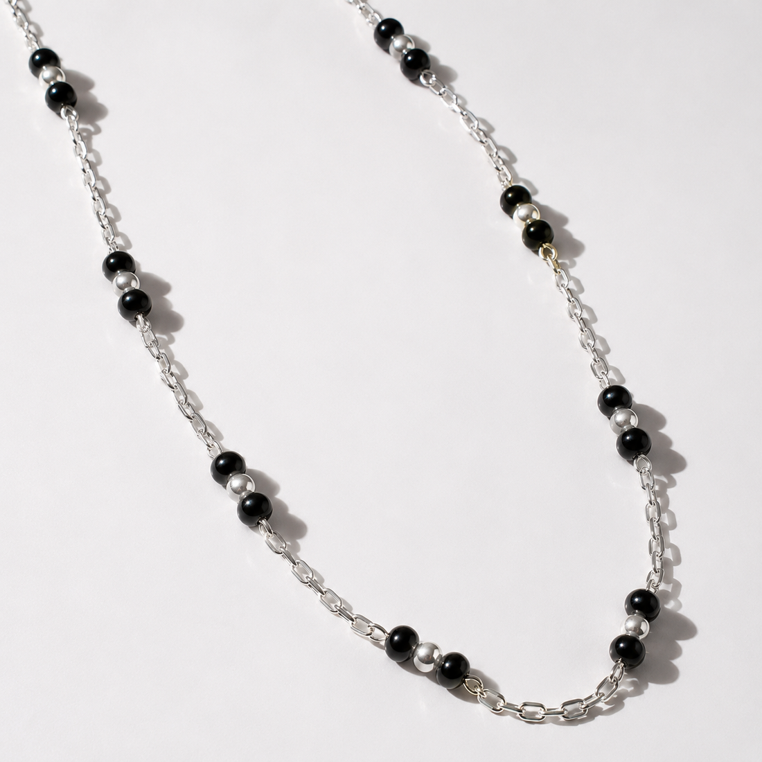 925 Sterling Silver Men’s Chain Necklace with Black Beads