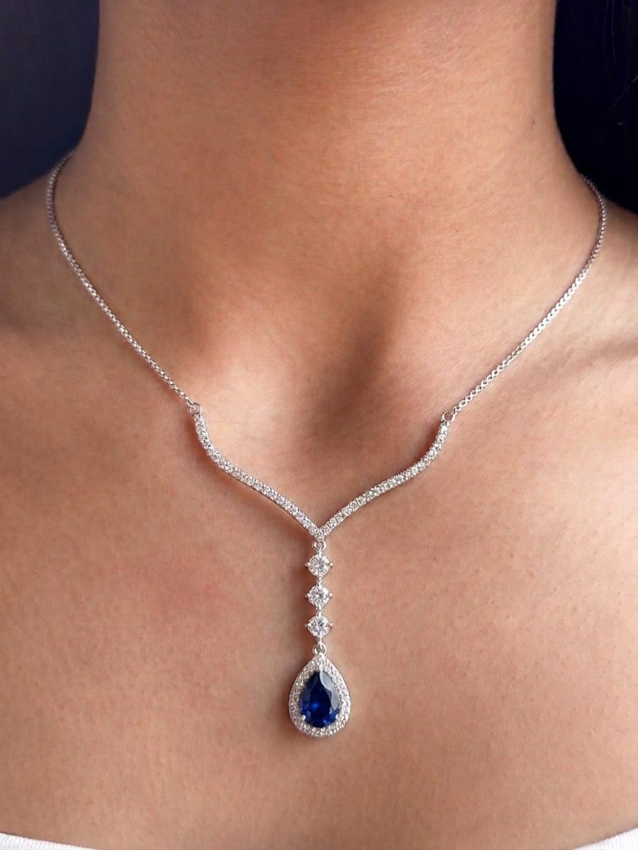Midnight Blue Teardrop Statement Necklace - Luxury Zircon Drop - Sterling Silver 925