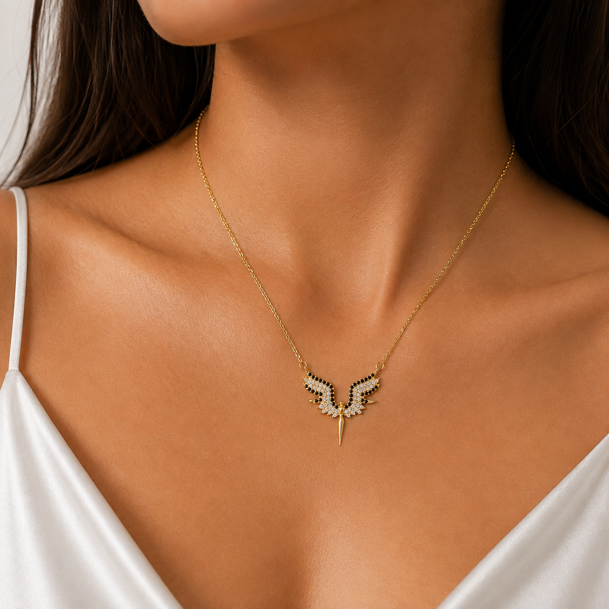 925 Sterling Silver Angel Wings Crystal Necklace – Gold - Width 2cm