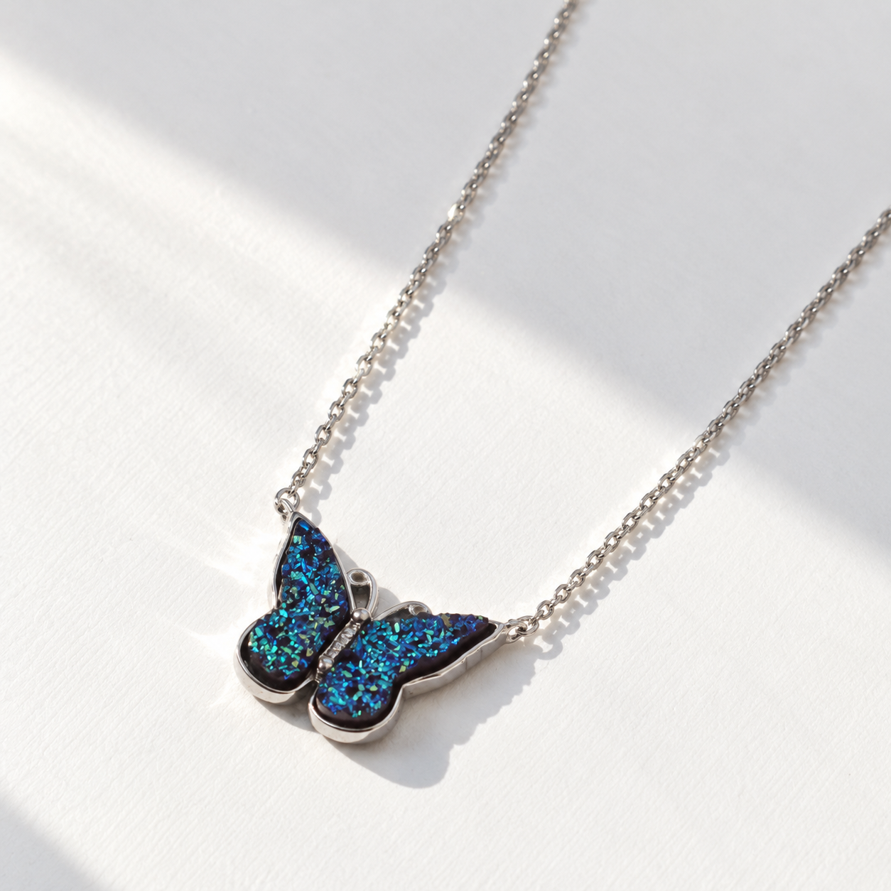 Blue Butterfly Necklace Silver