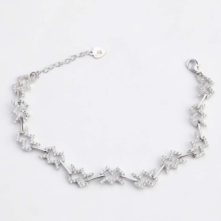 Pavé Crystal Zigzag Link Bracelet – Adjustable Silver Chain, 925 Sterling Silver