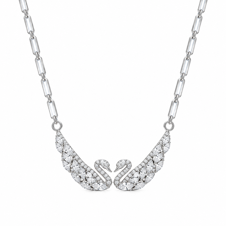 Eternal Love Dual Swan Necklace - 925 Sterling Silver Pavé Statement Piece