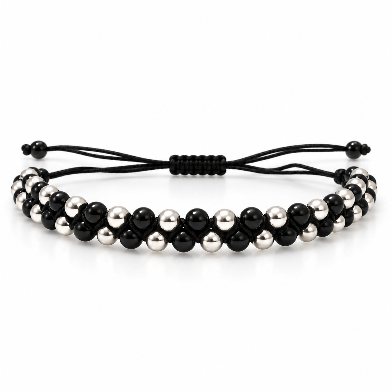 Black & 925 Sterling Silver Beaded Macramé Bracelet
