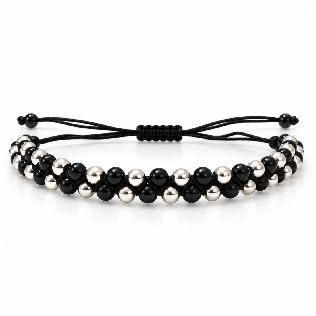 Black & 925 Sterling Silver Beaded Macramé Bracelet