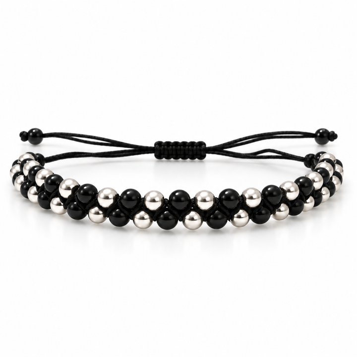 Black & 925 Sterling Silver Beaded Macramé Bracelet